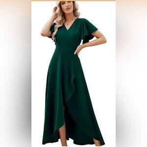 Formal Gowns Evening Party Split Elegant V Neck Wrap Ruffle Wedding Guest Dress